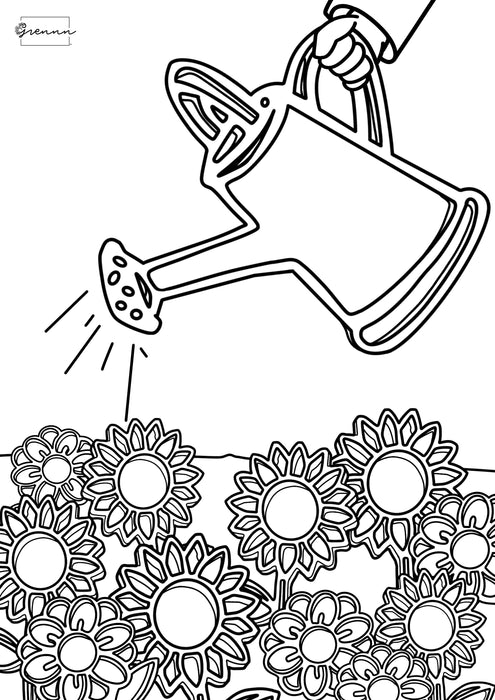 Grennn kleurplaat voorjaar gieter met bloemen